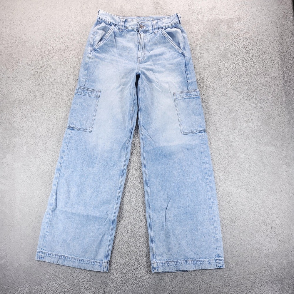American Eagle Jeans Womens 8 Long Blue Super High Rise Baggy Wide Leg Cargo